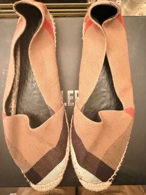 Burberry Tan, Brown & Cream Check Espadrille Flats with Red Accents